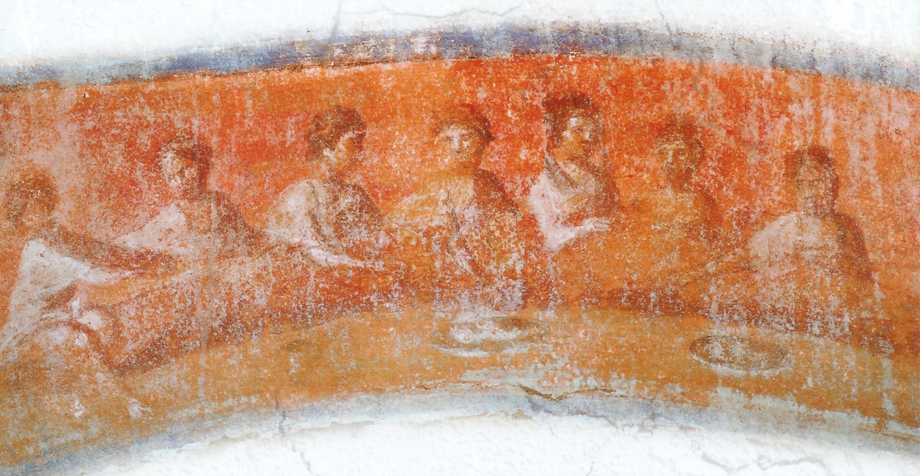 Fresco paleocristiano de la Fractio Panis en las catacumbas de Priscila, Roma